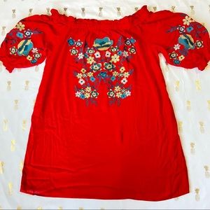 NWT Staccato Red Off Shoulder Floral Embroidery Mini Dress